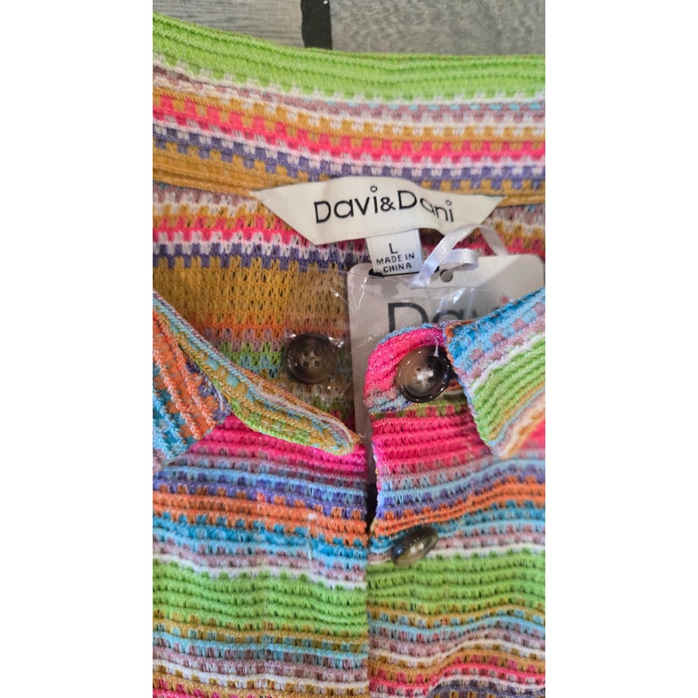 Davi & Dani Multi Color Striped Knit 2 Piece Set Button Down Flare Pants L - Picture 2 of 9